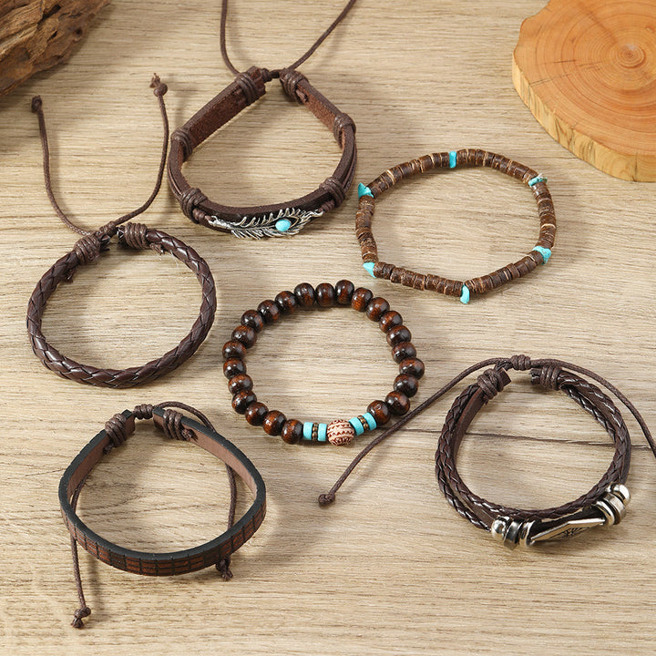 Juego de pulseras de cuero tejidas a mano con piedra natural y plumas de Olivenorma