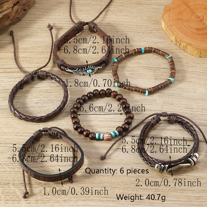 Juego de pulseras de cuero tejidas a mano con piedra natural y plumas de Olivenorma