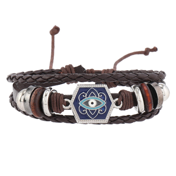 Juego de pulseras de cuero con piedras preciosas de ojo turco multicapa de Olivenorma