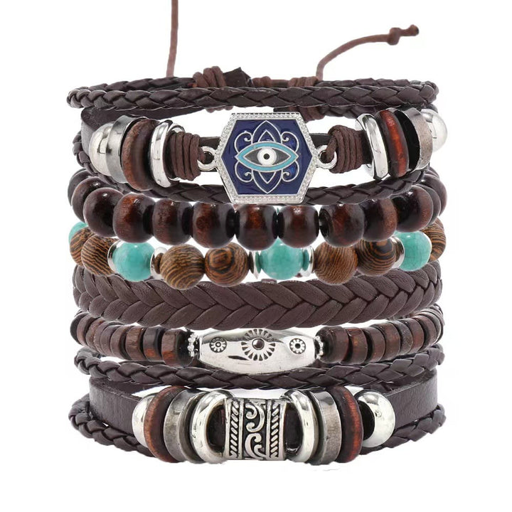 Juego de pulseras de cuero con piedras preciosas de ojo turco multicapa de Olivenorma