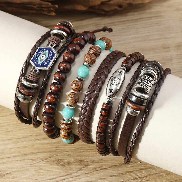 Juego de pulseras de cuero con piedras preciosas de ojo turco multicapa de Olivenorma