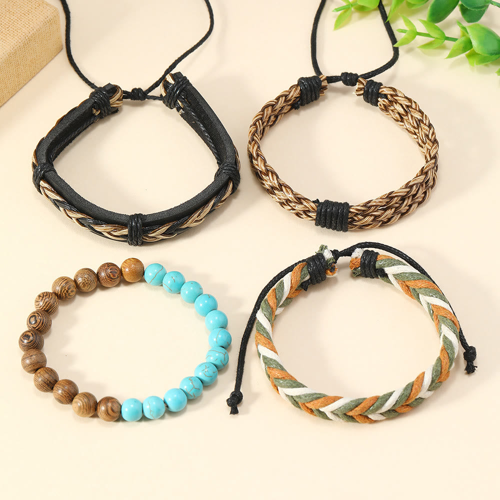Pulsera de cuero trenzado verde turquesa de madera de wengué de Olivenorma , 4 piezas