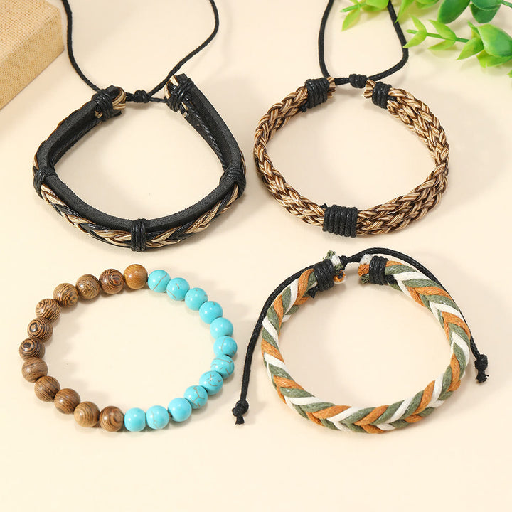 Pulsera de cuero trenzado verde turquesa de madera de wengué de Olivenorma , 4 piezas