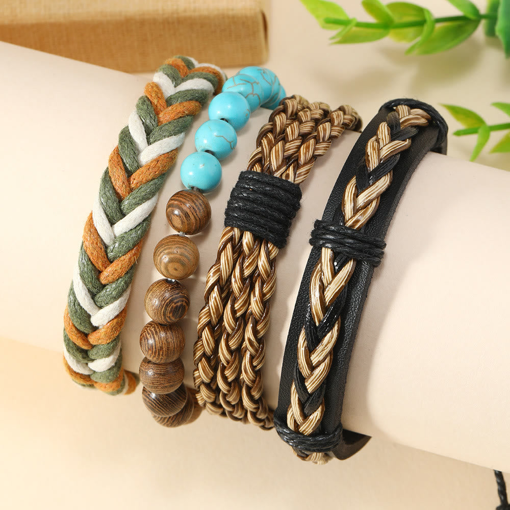 Pulsera de cuero trenzado verde turquesa de madera de wengué de Olivenorma , 4 piezas