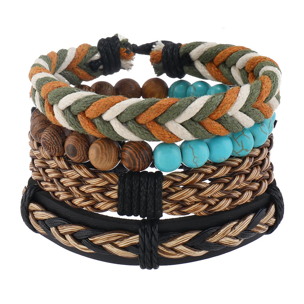 Pulsera de cuero trenzado verde turquesa de madera de wengué de Olivenorma , 4 piezas