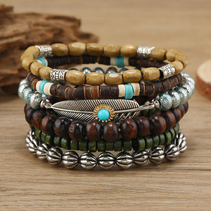 Juego de pulseras de cuentas de madera con plumas de Olivenorma y cuentas de turquesa