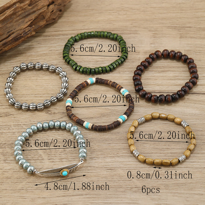 Juego de pulseras de cuentas de madera con plumas de Olivenorma y cuentas de turquesa