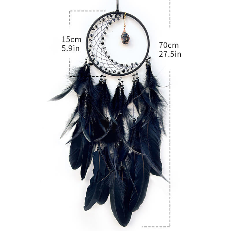 Atrapasueños indio con plumas de piedra preciosa en bruto en forma de media luna de Olivenorma