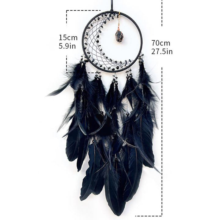 Atrapasueños indio con plumas de piedra preciosa en bruto en forma de media luna de Olivenorma