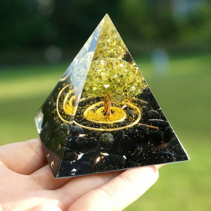 Pirámide de orgón Reiki del árbol de la vida de peridoto Olivenorma con obsidiana