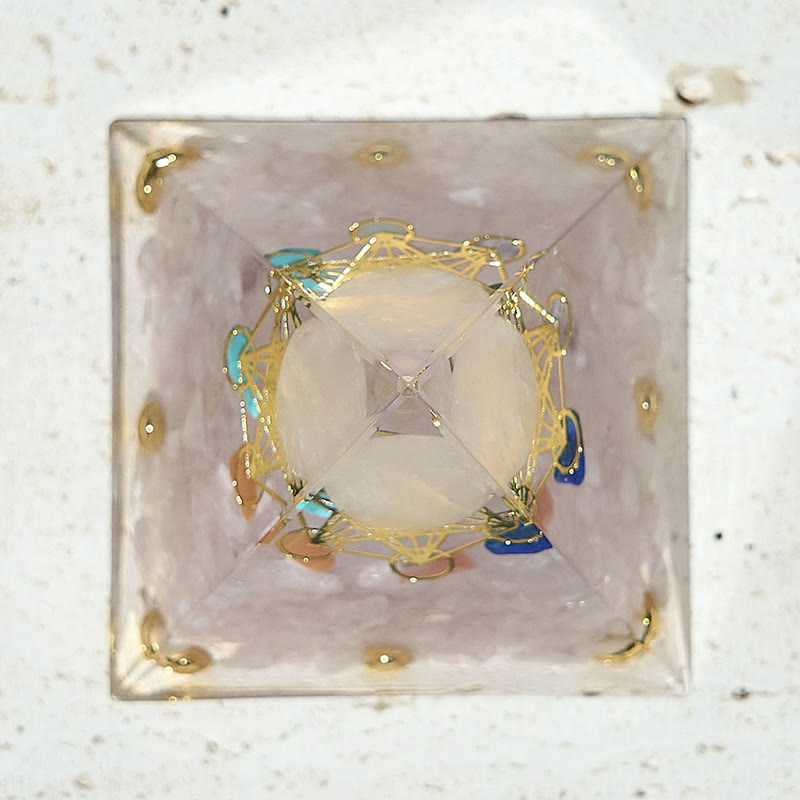 Cubo de Metatrón de Olivenorma con pirámide de orgón de cristal de 7 chakras