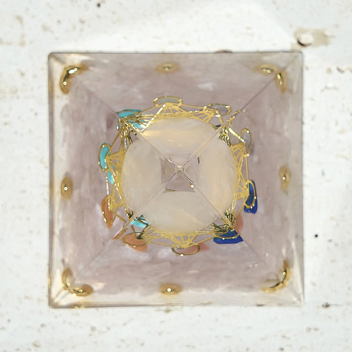 Cubo de Metatrón de Olivenorma con pirámide de orgón de cristal de 7 chakras