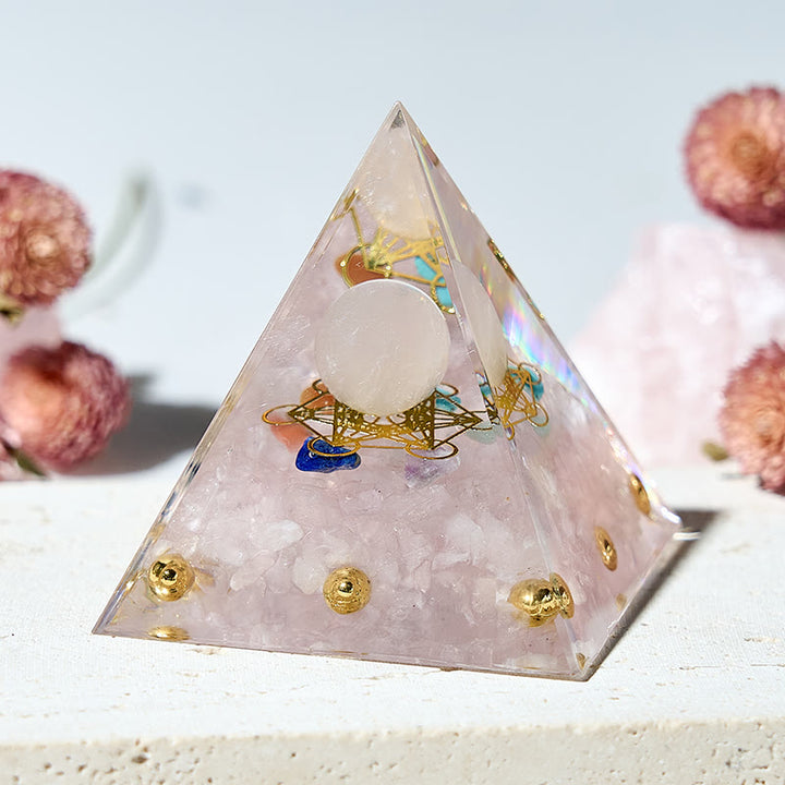 Cubo de Metatrón de Olivenorma con pirámide de orgón de cristal de 7 chakras