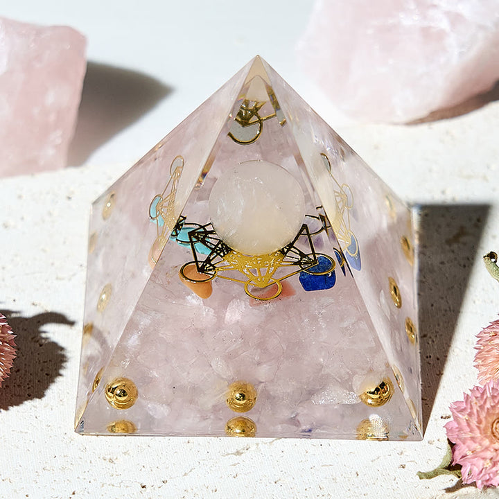 Cubo de Metatrón de Olivenorma con pirámide de orgón de cristal de 7 chakras