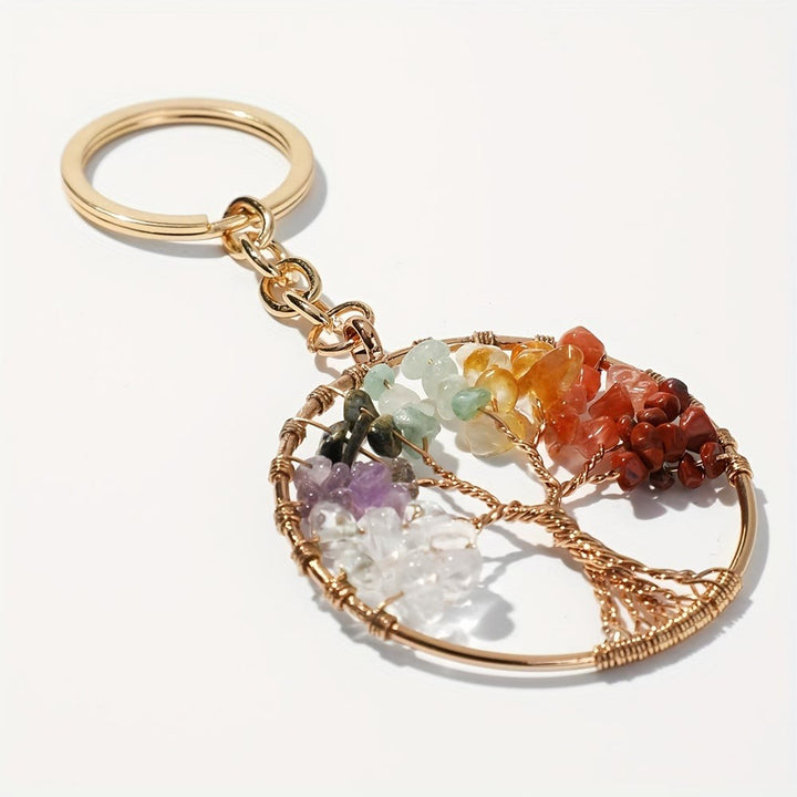 Llavero redondo con el árbol de la vida y piedras preciosas de los 7 chakras de Olivenorma