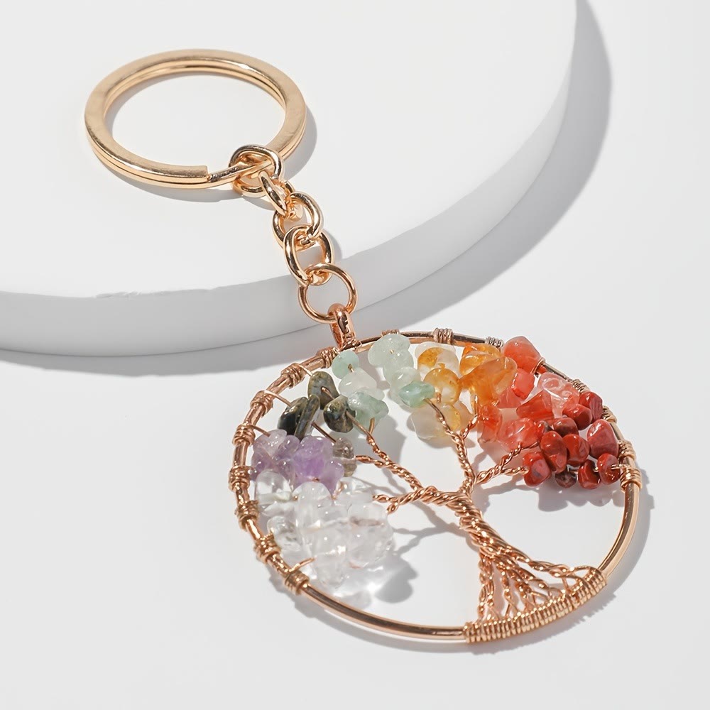 Llavero redondo con el árbol de la vida y piedras preciosas de los 7 chakras de Olivenorma