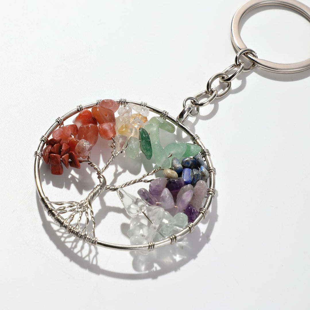 Llavero redondo con el árbol de la vida y piedras preciosas de los 7 chakras de Olivenorma