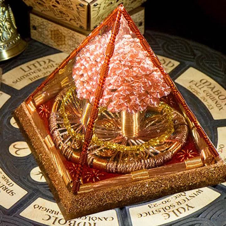 Pirámide orgónica con forma de árbol energético en espiral de cobre y oro rosa de Olivenorma