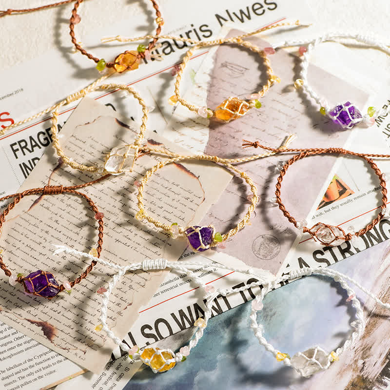 Pulsera trenzada con flores de cristal natural hecha a mano de Olivenorma 
