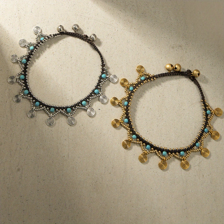 Tobillera tejida con borlas turquesas estilo boho de Olivenorma