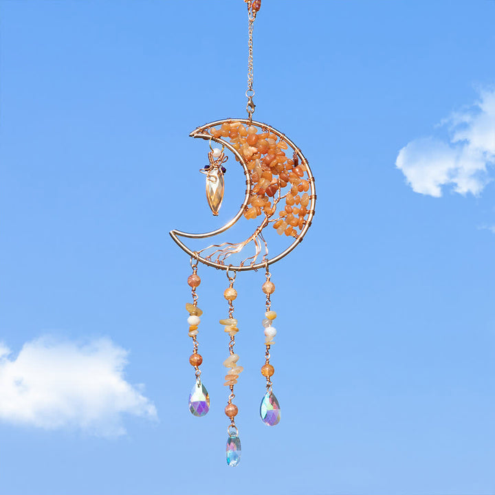 Carillón de viento con forma de luna y árbol de la vida con cuentas de ágata roja de Olivenorma