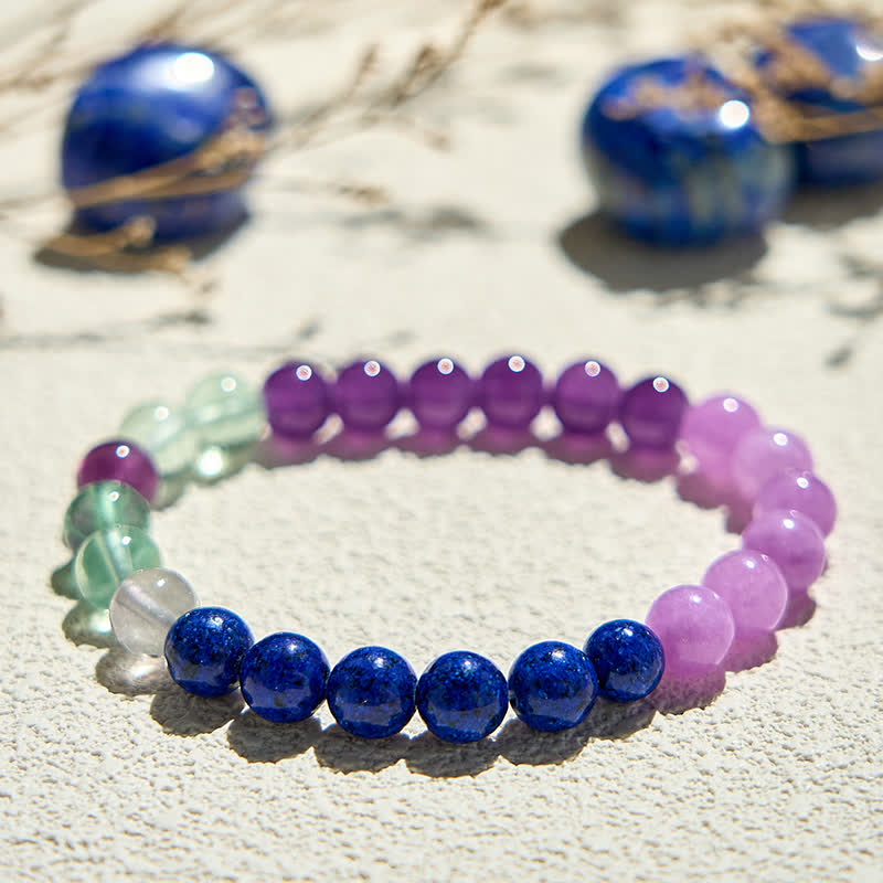 Pulsera de cuentas de fluorita verde, lapislázuli y amatista de Olivenorma
