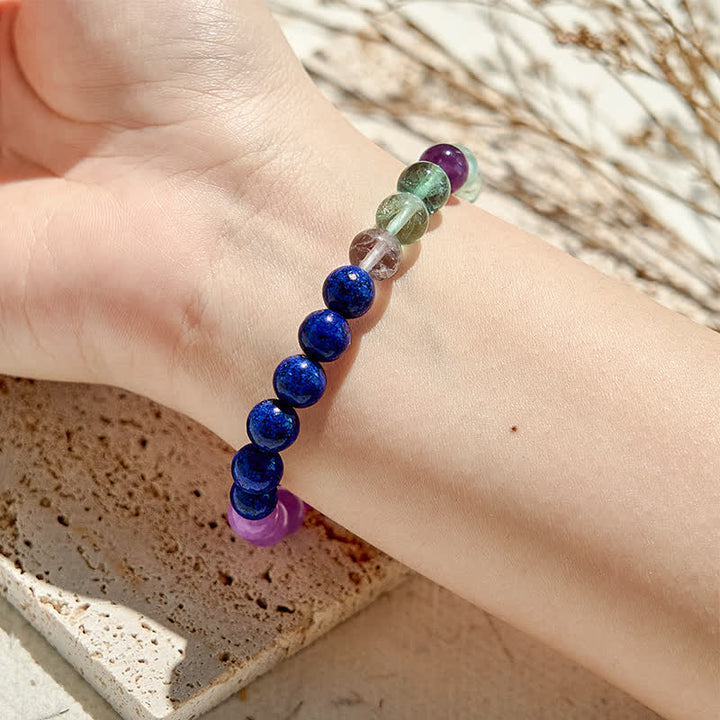 Pulsera de cuentas de fluorita verde, lapislázuli y amatista de Olivenorma