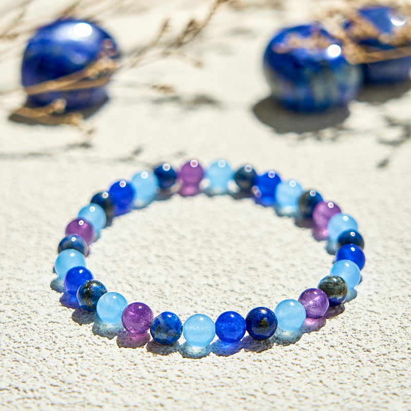 Pulsera de cuentas de amatista, aguamarina y lapislázuli naturales de Olivenorma