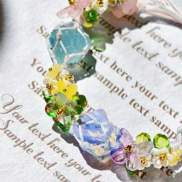 Pulsera trenzada de cristal de opalita y cuarzo rosa aguamarina de Olivenorma
