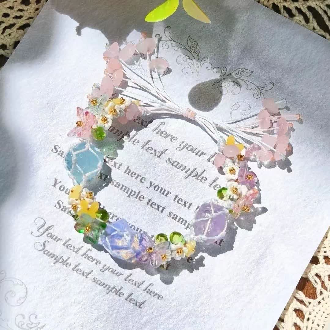 Pulsera trenzada de cristal de opalita y cuarzo rosa aguamarina de Olivenorma