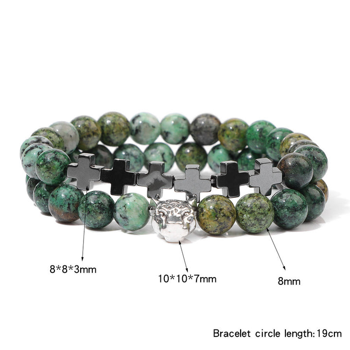 Pulsera de cuentas de piedras preciosas con dije de cruz y cabeza de leopardo de Olivenorma , 2 piezas