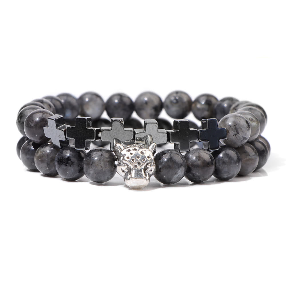 Pulsera de cuentas de piedras preciosas con dije de cruz y cabeza de leopardo de Olivenorma , 2 piezas