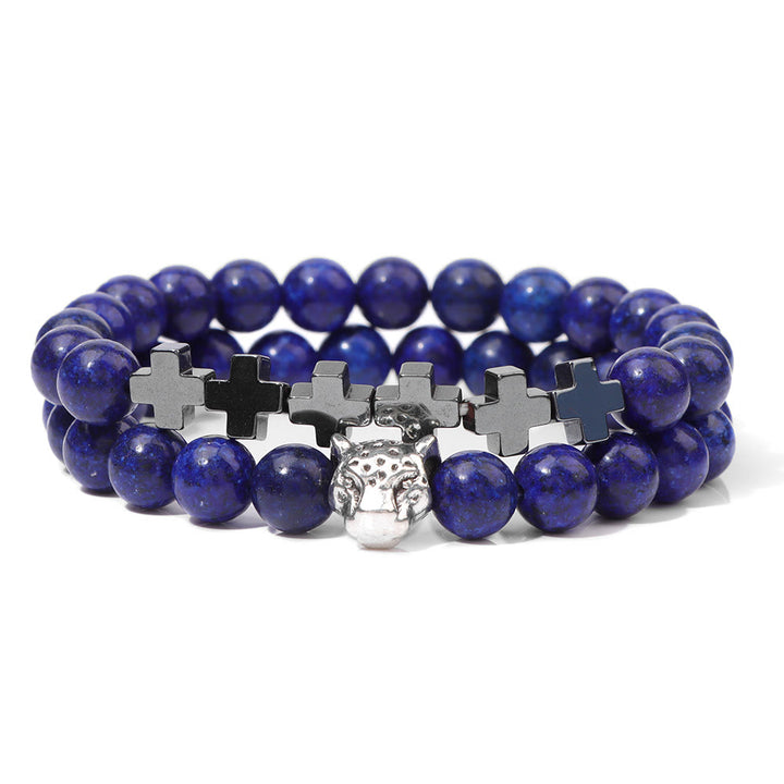Pulsera de cuentas de piedras preciosas con dije de cruz y cabeza de leopardo de Olivenorma , 2 piezas