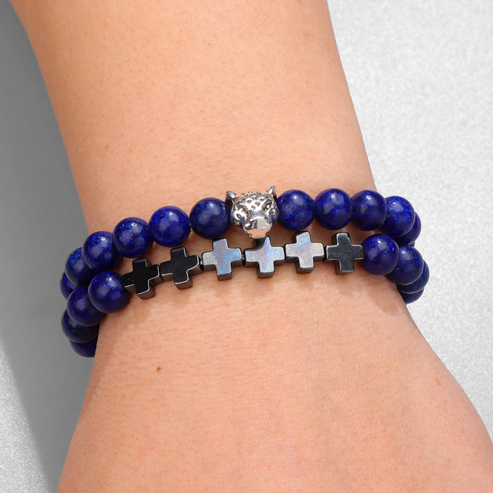Pulsera de cuentas de piedras preciosas con dije de cruz y cabeza de leopardo de Olivenorma , 2 piezas