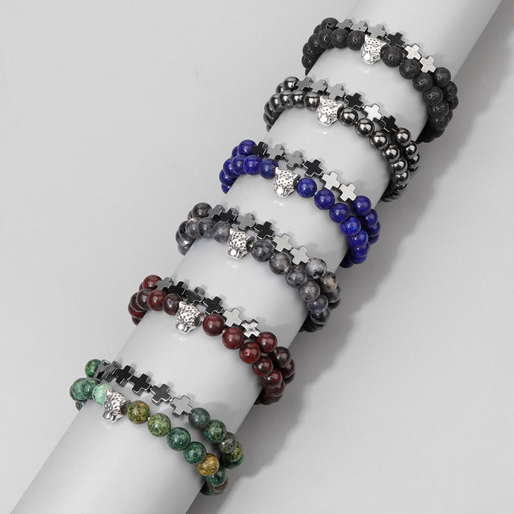 Pulsera de cuentas de piedras preciosas con dije de cruz y cabeza de leopardo de Olivenorma , 2 piezas