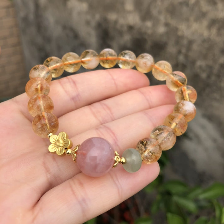 Pulsera de cuentas con dijes de flores de cuarzo rosa citrino natural de Olivenorma