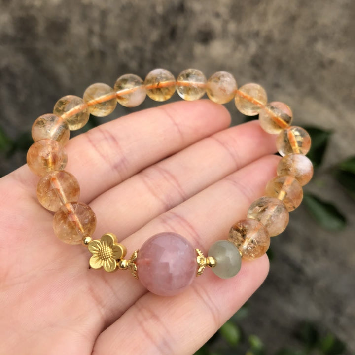 Pulsera de cuentas con dijes de flores de cuarzo rosa citrino natural de Olivenorma