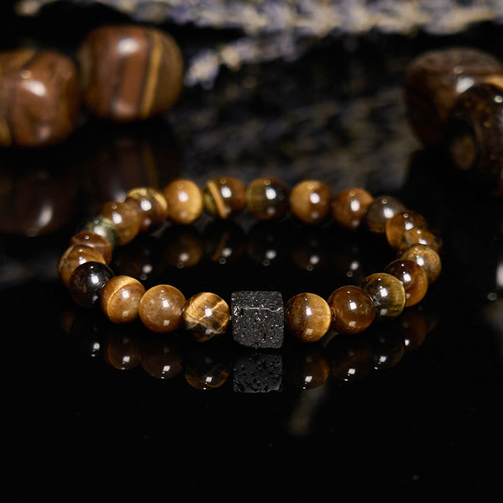 Pulsera de cuentas de ojo de tigre con piedra de lava tallada en cubos de Olivenorma