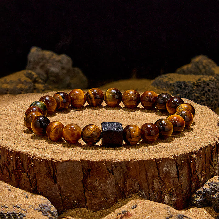 Pulsera de cuentas de ojo de tigre con piedra de lava tallada en cubos de Olivenorma