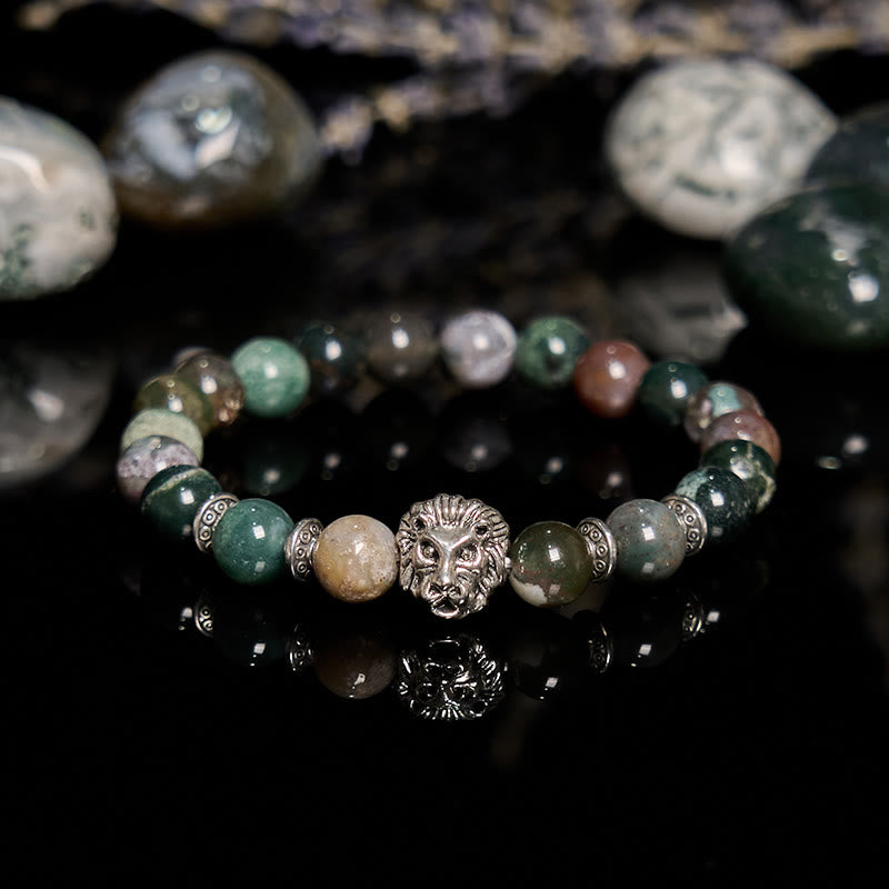 Pulsera de cuentas con cabeza de león de metal y ágata de Olivenorma India