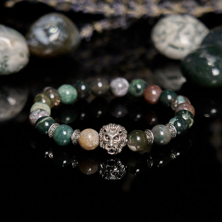 Pulsera de cuentas con cabeza de león de metal y ágata de Olivenorma India