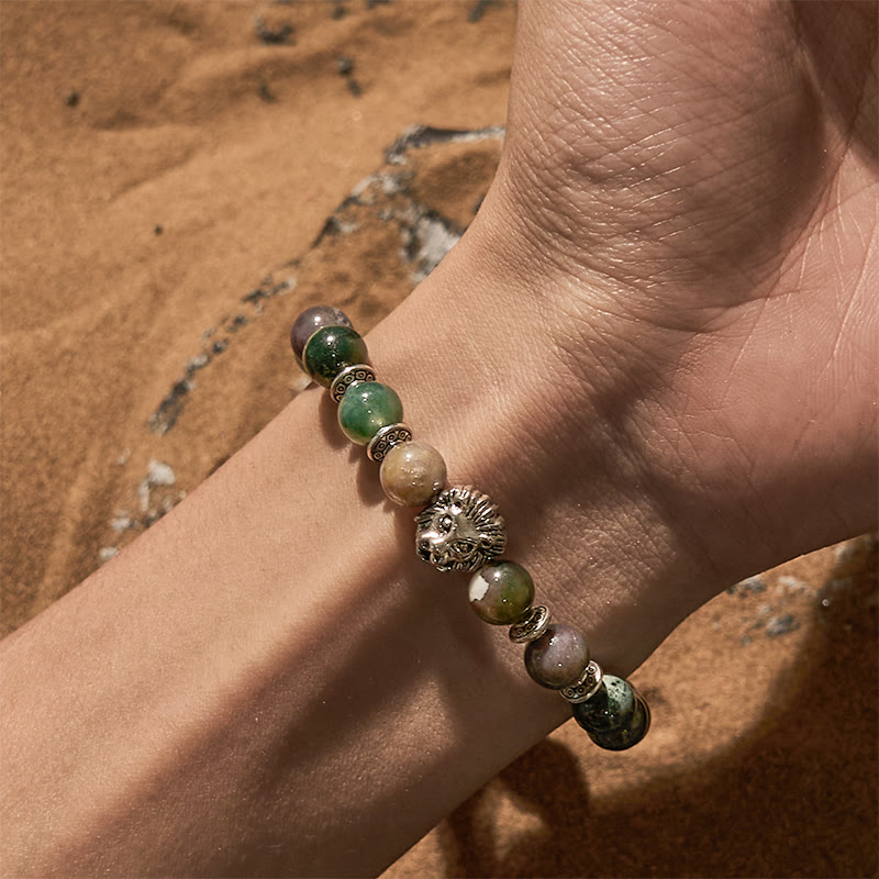 Pulsera de cuentas con cabeza de león de metal y ágata de Olivenorma India