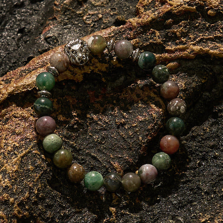 Pulsera de cuentas con cabeza de león de metal y ágata de Olivenorma India