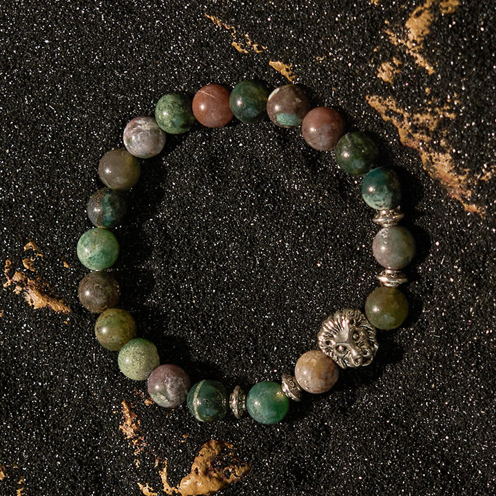 Pulsera de cuentas con cabeza de león de metal y ágata de Olivenorma India