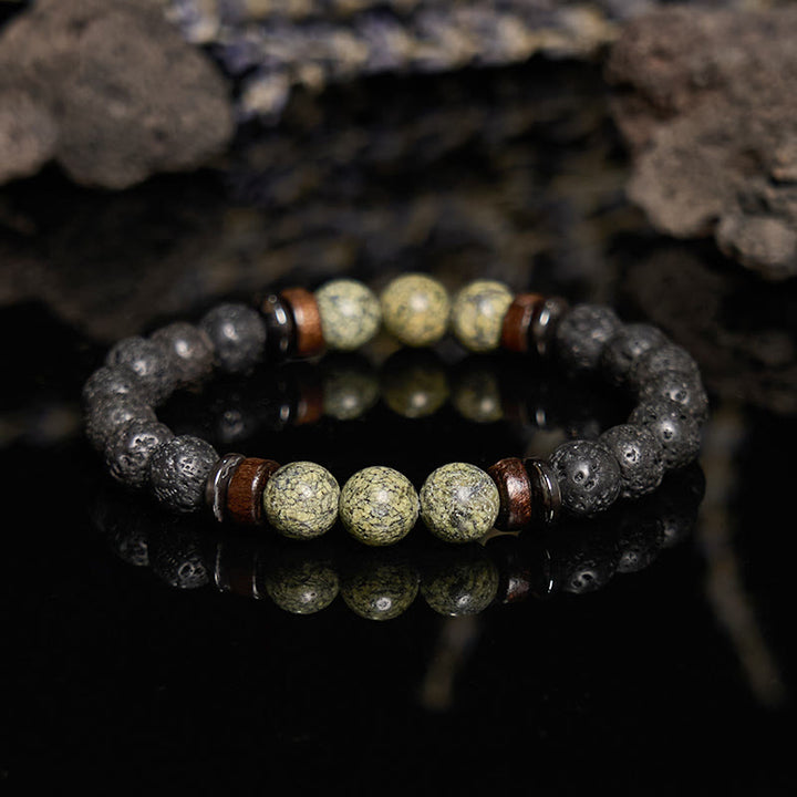 Pulsera de cuentas de piedra de lava serpentina natural de Olivenorma
