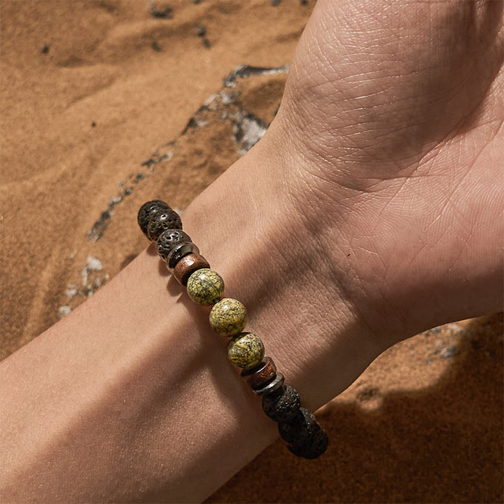 Pulsera de cuentas de piedra de lava serpentina natural de Olivenorma