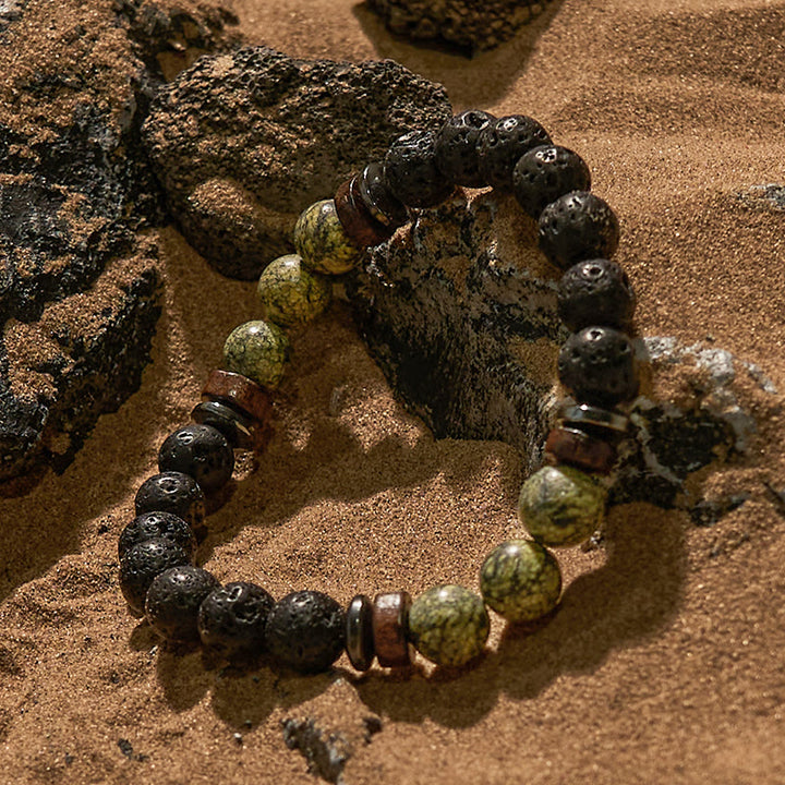 Pulsera de cuentas de piedra de lava serpentina natural de Olivenorma