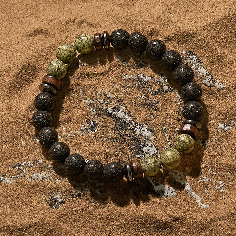 Pulsera de cuentas de piedra de lava serpentina natural de Olivenorma