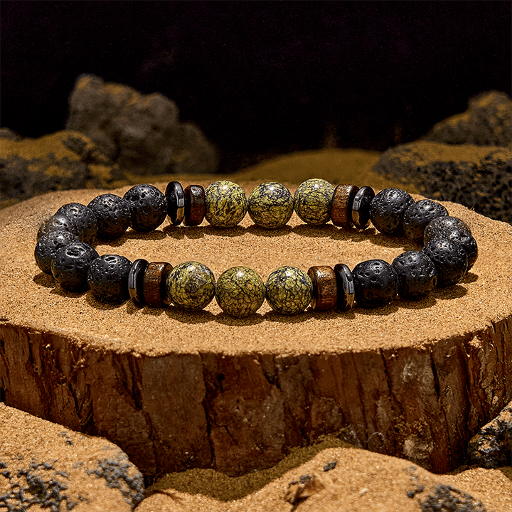 Pulsera de cuentas de piedra de lava serpentina natural de Olivenorma