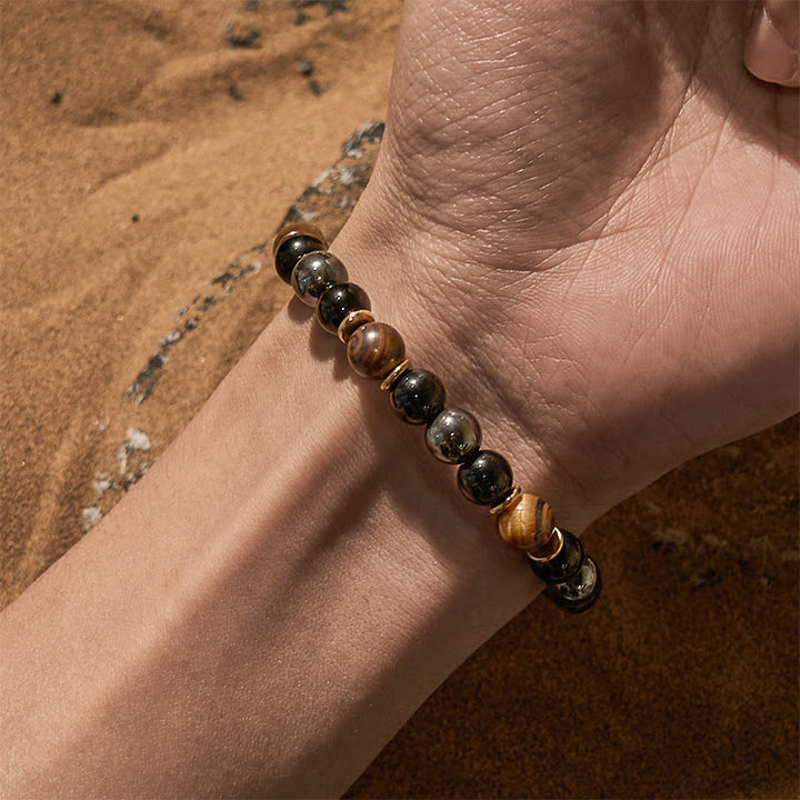 Pulsera de cuentas de hematita y ojo de tigre de obsidiana de 8 mm de Olivenorma